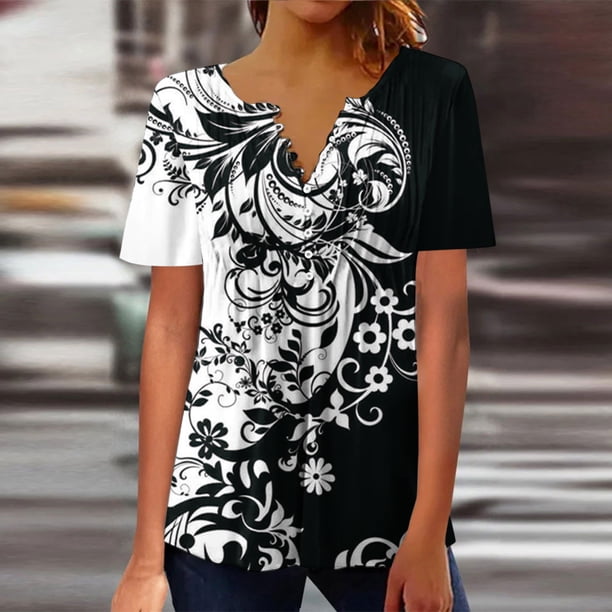 ICHUANYI Clearance Women Fashion Casual Print Round Neck Loose Short Sleeve T-shirt Top Blouse Pullover(Black, S) ICHUANYI WER2023080808606