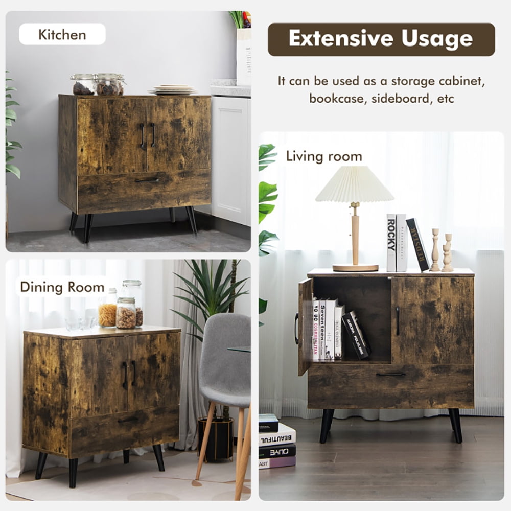 Finihen Storage Cabinet, Mid Century Storage Cabinet with 2 Doors and 1 Pull-out Drawer, Cabinet for Living Room, Entryway, Rustic Brown