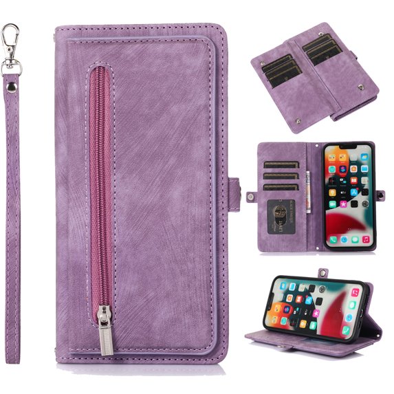 for Samsung Galaxy S20 Plus Wallet Case for Women Men, Flip Leather Shockproof Magnetic Zipper Pocket Wallet Purse Case w/Stand Card Slot Holder Wrist Strap for Samsung Galaxy S20+,Purple