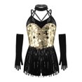 thumbnail image 4 of Kaerm Kid Girls Modern Latin Dance Outfit Halter Sequin Fringed Leotard with Gloves Gold 6, 4 of 6