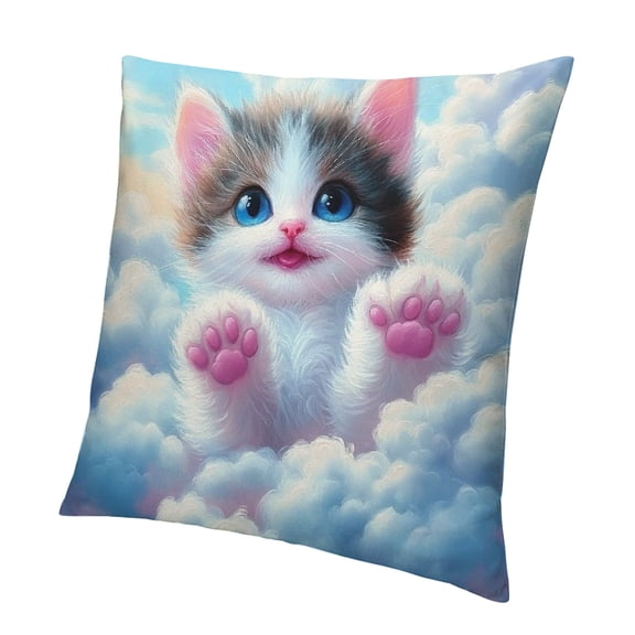 Patifu Kids Cat Pillow Cover, Pink Blue Cloud Throw Pillow Cover for Kids Girls Boys, Kawaii Little Cat Reversible Cushion Cover for Sofa, Cartoon Animal Kitten Decorative Pillow Cover 12x12in