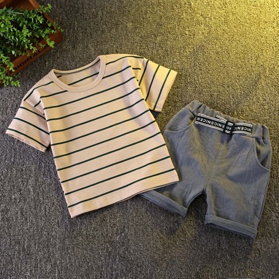 ITSAME Toddler Boys Outfit 2-Piece Cotton Striped Print T-Shirt and Shorts Summer Fashion Casual Set Beige Size 5T