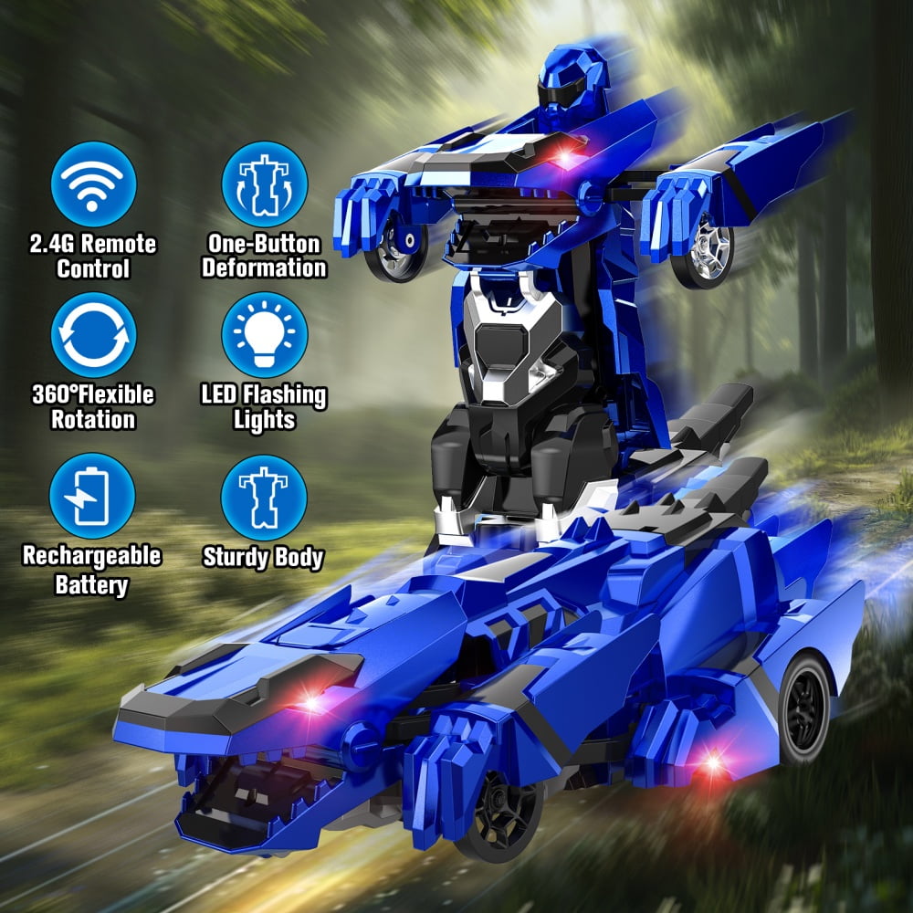Allaugh 2.4Ghz Remote Control Car Robot Dinosaur Transform RC Cars with 360 °Rotation One Button Deformation Car Toy Gifts for Boys Age 4-7 8-12
