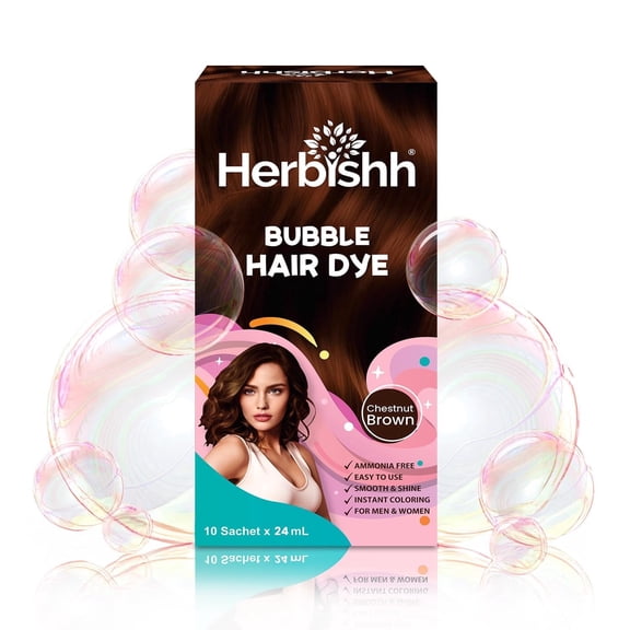 Herbishh Bubble Foam Hair Dye Shampoo, 3-in-1 Permanent Hair Color, 100% Gray Coverage, Ammonia-Free, Travel-Friendly, 10 Sachets x 24ml - Chestnut Brown