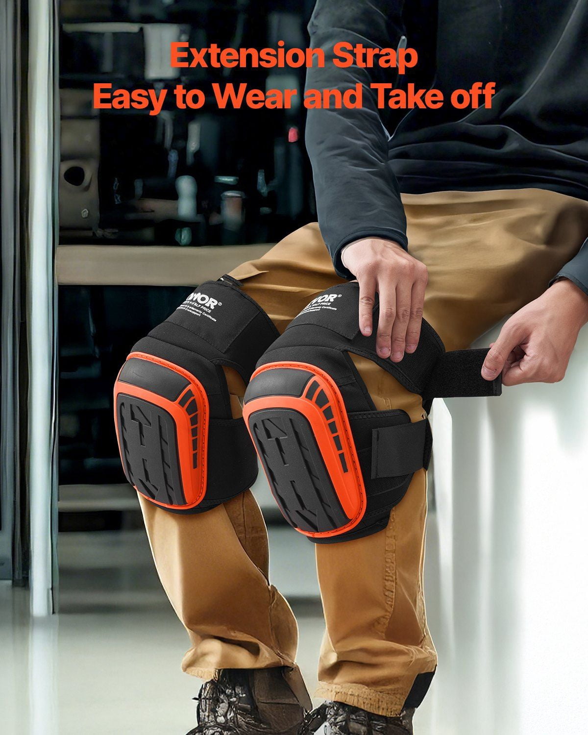 Heavy Duty Knee Pads for Construction Work, Anti-Slip Gel Cushion with 2 Extension Straps, Durable for Roofing Flooring Gardening Cleaning, Men & Women, Black/Orange