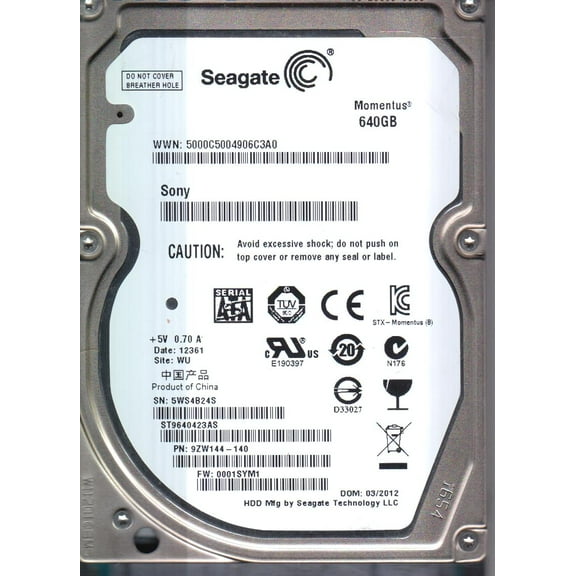 ST9640423AS, 5WS, WU, PN 9ZW144-140, FW 0001SYM1, Seagate 640GB SATA 2.5 Hard Drive