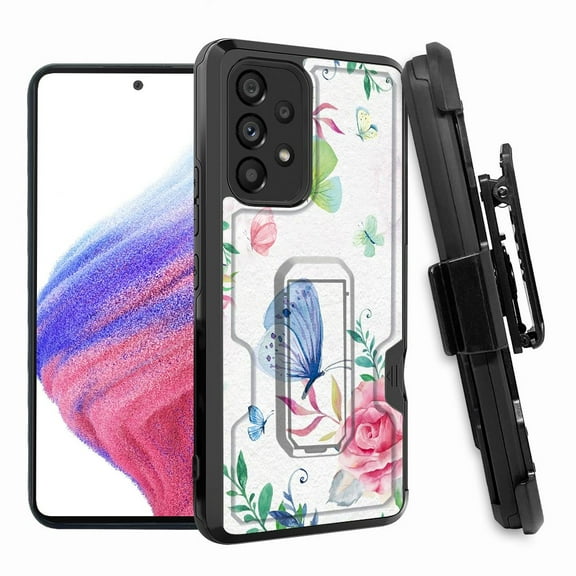 ANJ  Rugged Shockproof Hoster Case w/Card Slot, Kickstand   Tempered Glass Cover for Samsung Galaxy A33 5G - Roses Butterfly