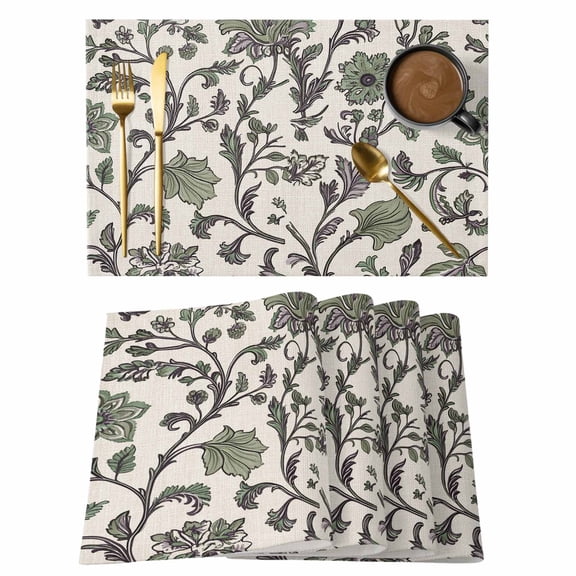 Sage Green Leaf Placemats Set of 8 Vintage Farmhouse Boho Pastoral Tribal Place Mats Indoor Wipeable Table Mats Washable Cloth Dining Table Placemats for Kitchen Holiday Party Home Decor 13x19 Inch