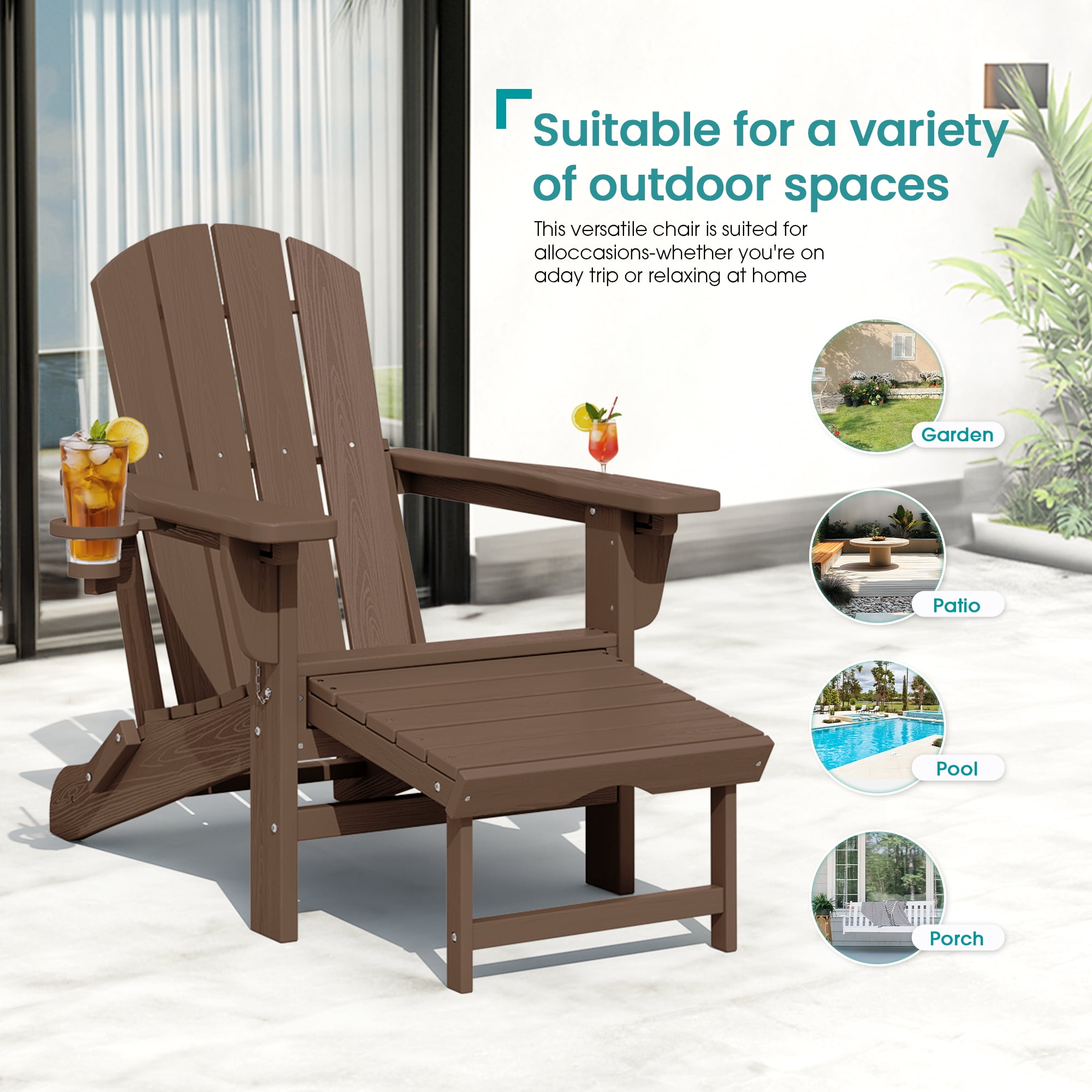 KINGYES Folding Adjustable Adirondack Chair with Retractable Ottoman Set of 2 for Patio Garden, Brown