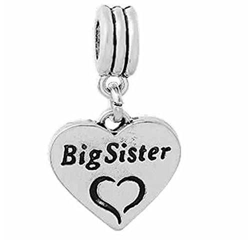 Big Sister Heart Dangle Charm Spacer European Bead Compatible for Most European Snake Chain Bracelet