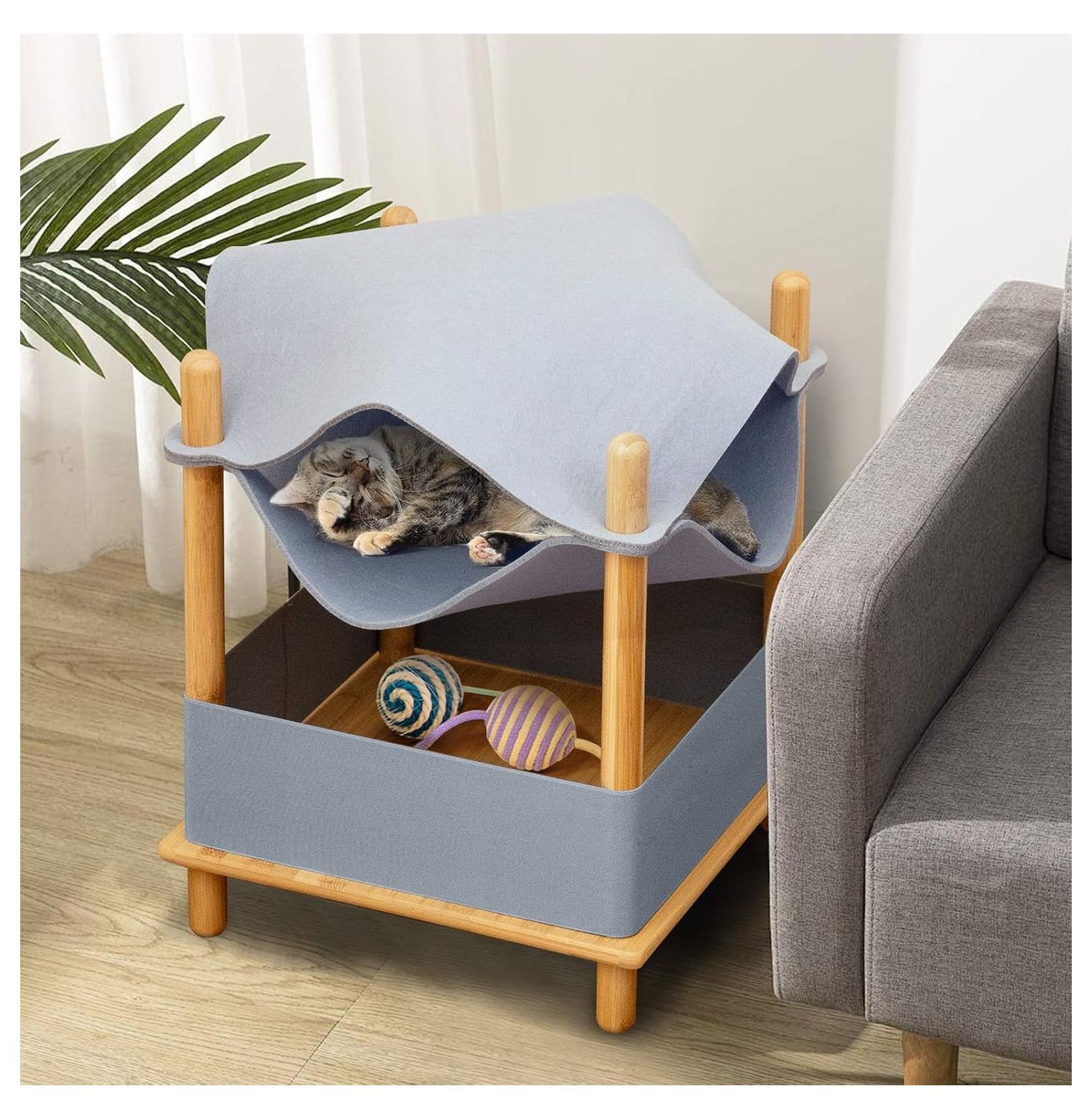 Elevated Cat Bed for Indoor Cats, 2-Tier Cat Cave with Felt Hammock, Bamboo Frame, Storage Shelf - Small Condo for Kittens & Adult Cats