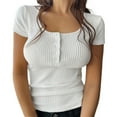 thumbnail image 1 of Women's Button Square Neck Short Sleeve T-Shirt - Solid Color Casual Top for Spring/Summer, 1 of 5