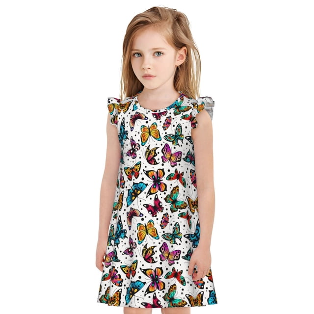 Vsdgher Papillons Volants Colorés pour Filles Chemises de Nuit Manches Courtes à Volants Robe de Nuit Pyjama pour Fête Pyjama-TG