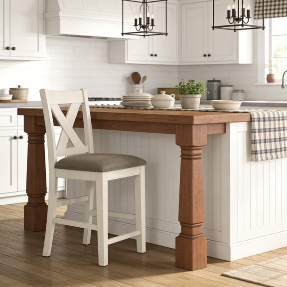 Cream White Counter Height Dining Chair Set of 2, X-Back Rubberwood Chairs with Padded Cushion for Small Space Dining Room, 19"x21"x40"