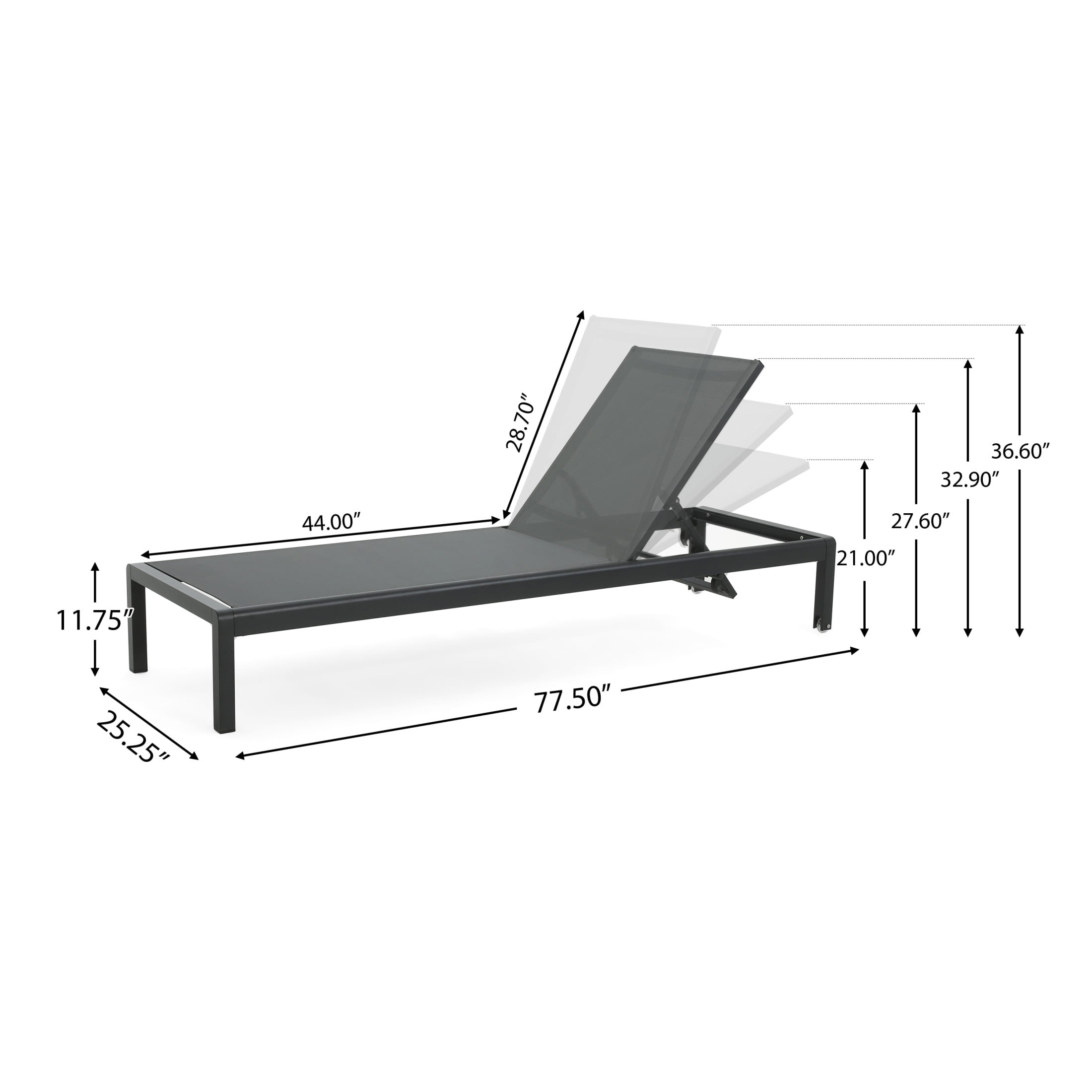 Outdoor Aluminum Mesh Chaise Lounges with Wheels and Adjustable Backrest, Black, Set of 2