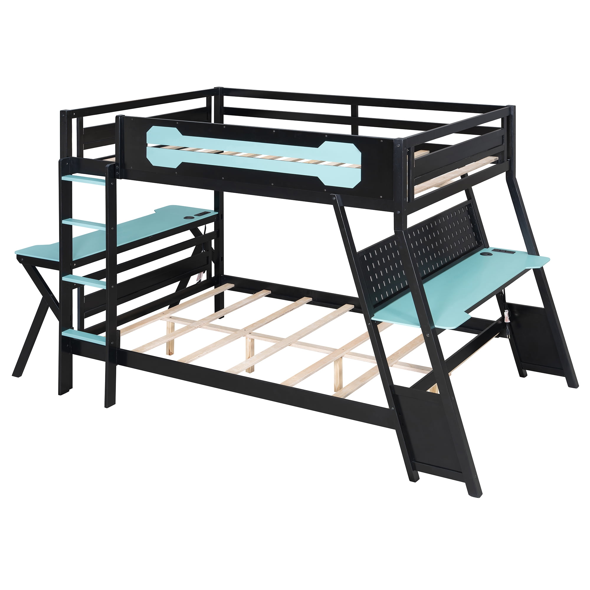 Aukfa Full over Full Bunk Bed with Built-In Desks, USB Charging Ports & Pegboard Organizer, Wood E-Sports Gaming Bed Frame for Kids/Teens, Blue