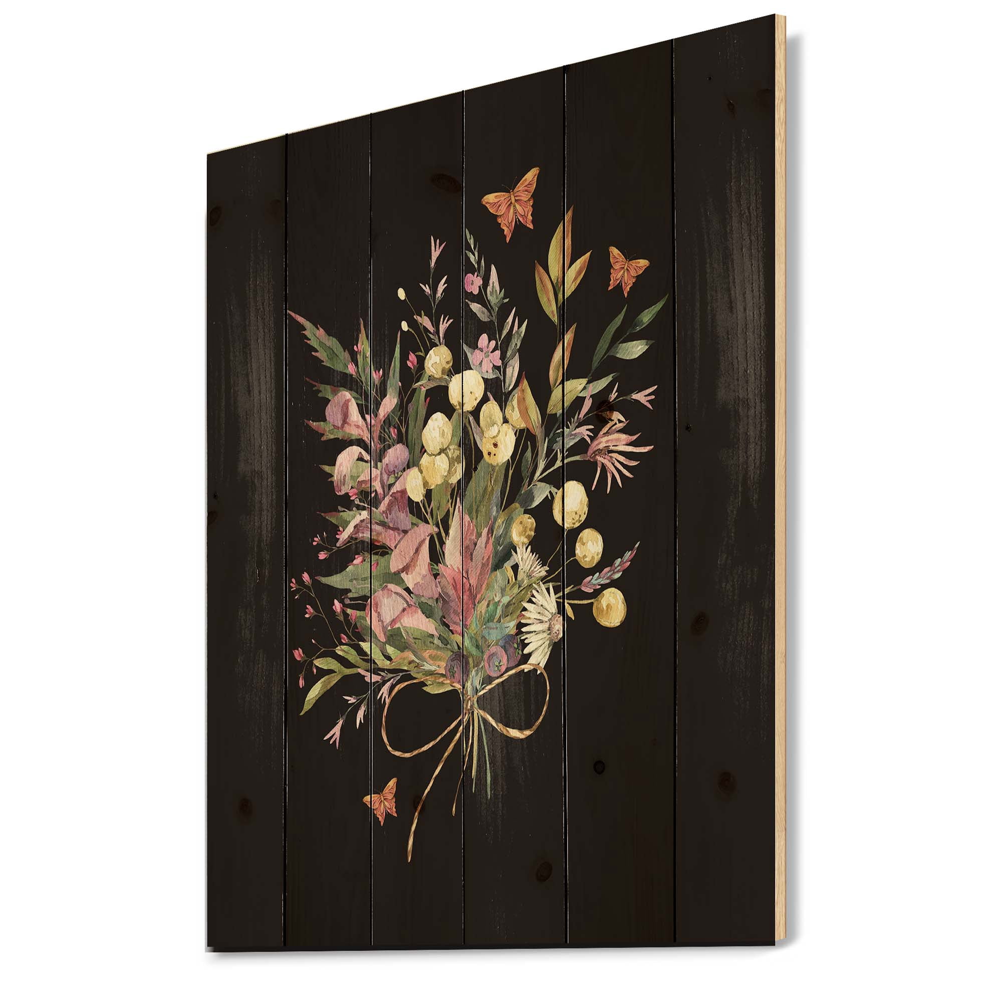 Designart 'Ancient Floral Summer Wildflowers Arrangement' Traditional Print on Natural Pine Wood