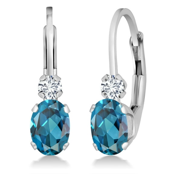 Gem Stone King 14K White Gold London Blue Topaz and White Diamond Leverback Earrings for Women | 1.07 Cttw | Gemstone November Birthstone | Oval 6X4MM, Round 2MM | 3/4 inch