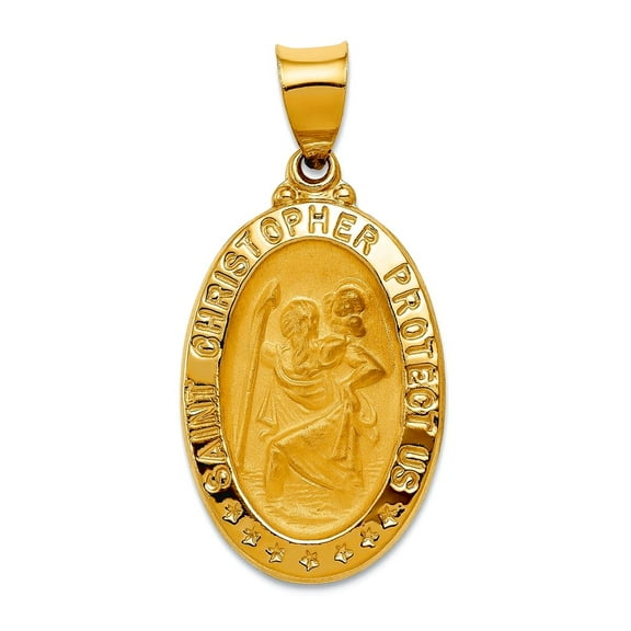 14k Yellow Gold Hollow Polished and Satin St. Christopher Medal Pendant Necklace 31.5x15.5mm Wide Pendant for Women