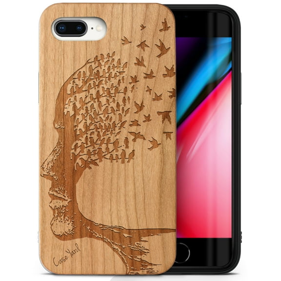 Case Yard Wooden Case Outside Soft TPU Silicone Slim Fit Shockproof Wood Phone Cover for Girls Boys Men and Women Supports Wireless Charging Head with Flying Birds Design case for iPhone-8-Plus