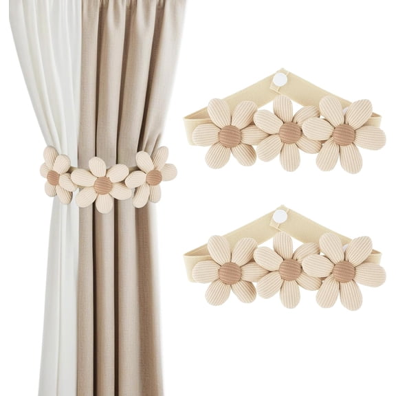 Monebena 2pcs Curtain Tiebacks, Cute Flower Curtain Buckles Curtain Holdbacks for Draperies Elegant Boho Curtain Tie Backs for Home Outdoor Bedroom Office Decorative Curtain(Beige)
