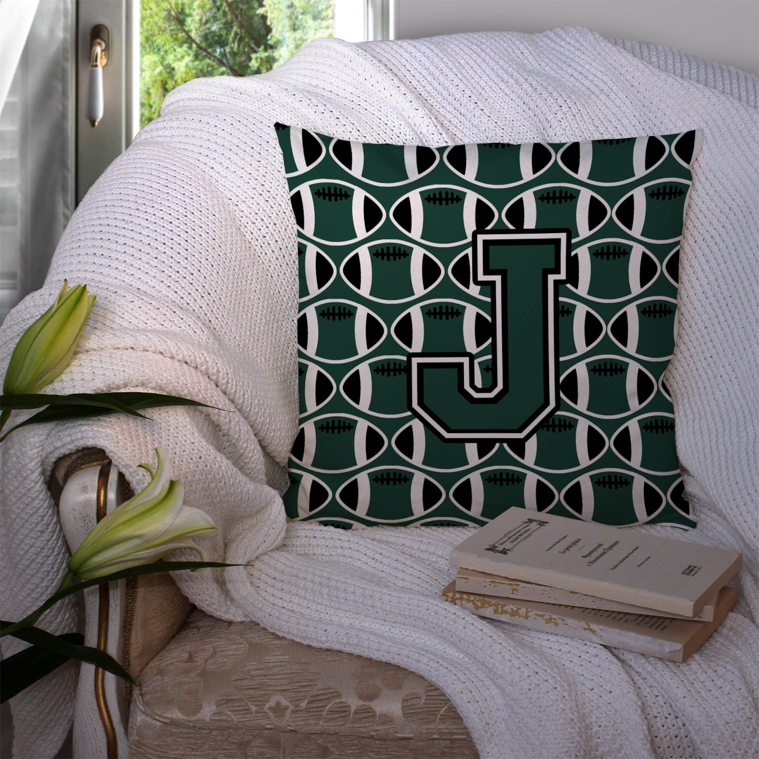 Carolines Treasures CJ1071-JPW1414 Letter J Football Green & White Fabric Decorative Pillow