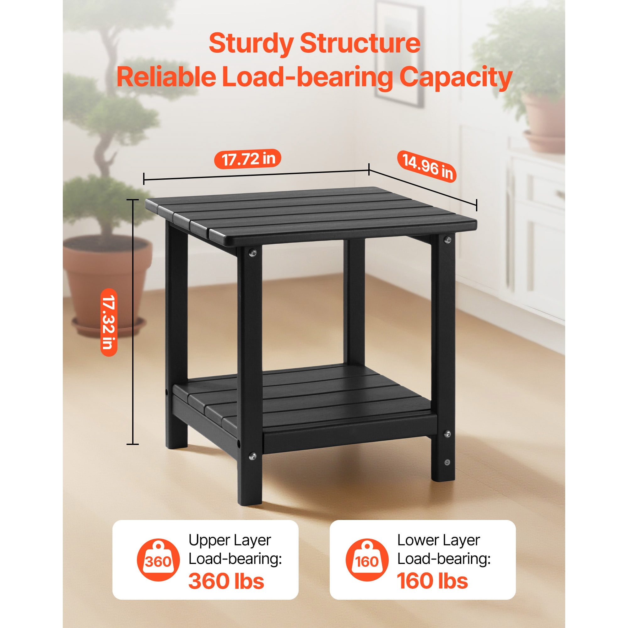 KFFKFF Outdoor Side Table, 17.72W x 14.96D x 17.32H Inch, Double-Layer HDPE End Table for Easy Care, Durable in Various Weather Conditions, Suitable for Patio,Poolside, Porch, Indoor, Backyard, Black