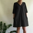 thumbnail image 3 of Elainilye Fashion Dresses for Women Summer Loose Casual V-Neck Solid Short Sleeve Dresses Cotton Linen Dress,Black, 3 of 9