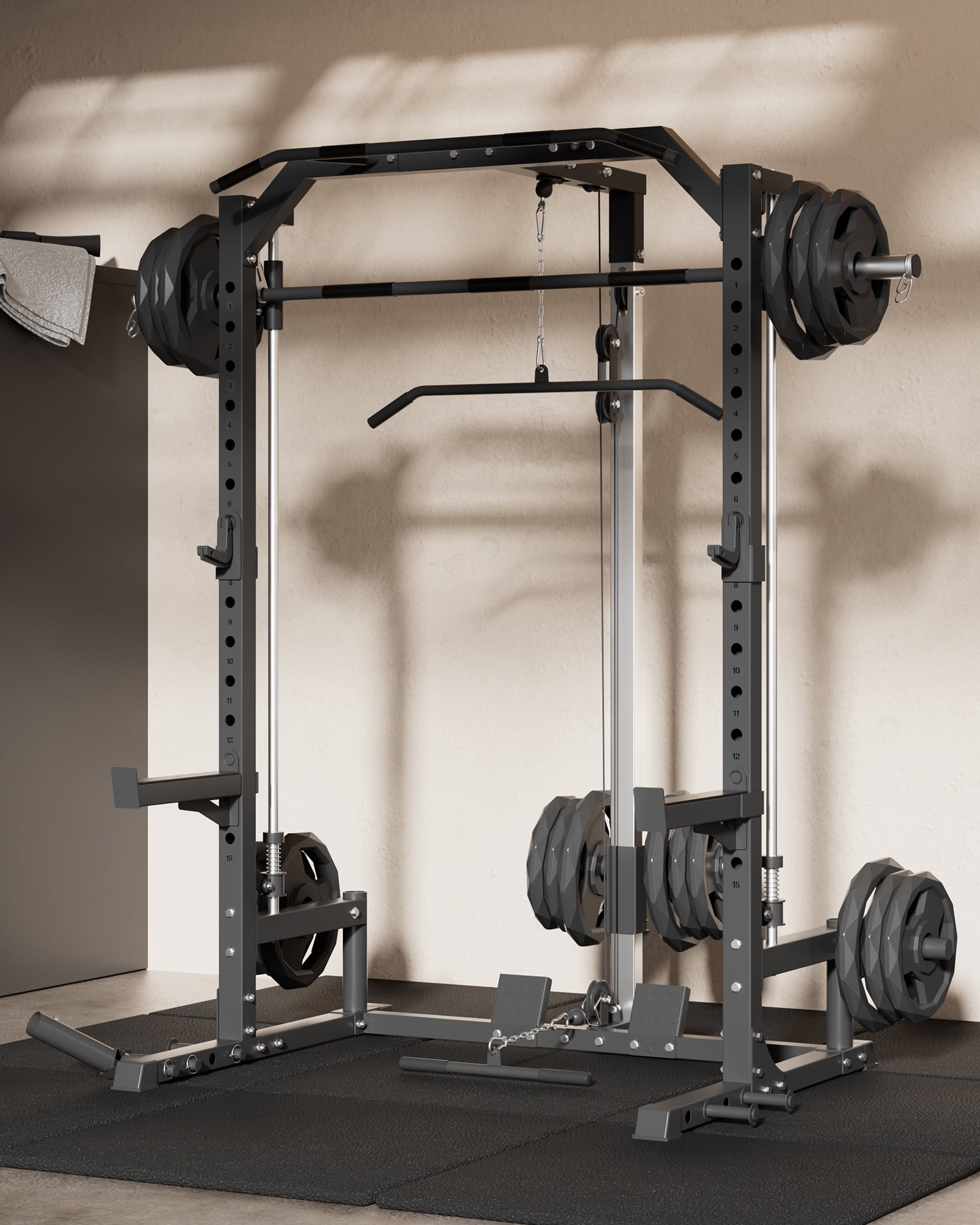 GARVEE Smith Machine with Barbell Bar,Cable System,Lat Pulldown Attachments,J Hooks, Landmine,Safety Spotter Arms,Multi-Functional Squat Rack for Home Gym
