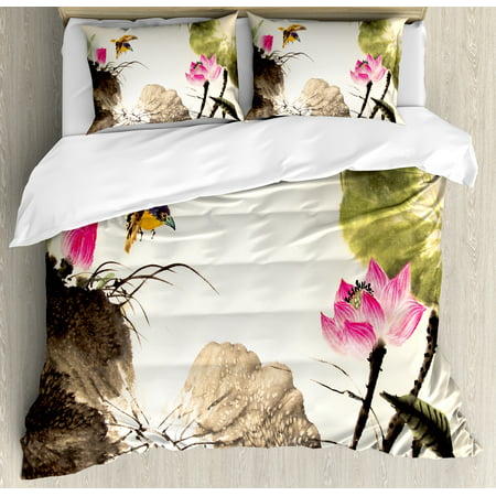 Art Duvet Cover Set, Bird Jumping into a Lotus in a Gloomy Setting Circle of Life Chinese Culture, Decorative Bedding Set with Pillow Shams, Cream Taupe Hot Pink, by