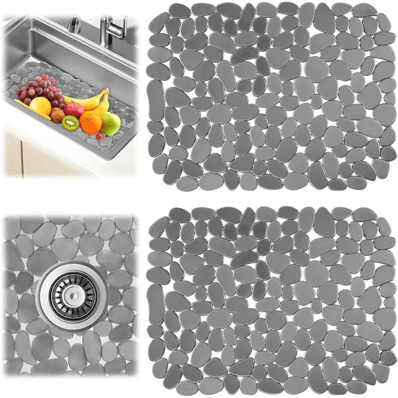 Kitchen Sink Mat - 2 Pack, PVC Pebble Sink Protector for Stainless Steel and Ceramic Sinks, 15.7 x 11.8 Inch, Grey