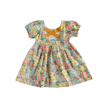 

CenturyX Little Baby Girl Short-sleeved Dress with Flower Print Cross Strap Decoration Back Cool Hollow Design A-Line Summer Clothing Colorful 5-6Years