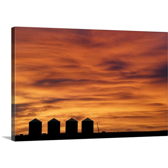 Great BIG Canvas | "Grain Silos At Sunrise Near Didsbury, Alberta" Canvas Wall Art - 30x20