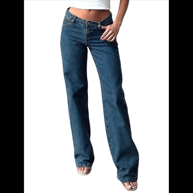 Pantalones Vaqueros de Pierna para Mujer, Tiro Bajo, Holgados, de Pierna Recta, Estilo Boyfriend, Vaqueros Casuales Sueltos, Estilo Chica Y2K Azul Oscuro S