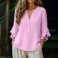 thumbnail image 6 of NSLGXD Plus Size Blouses for Women Dressy Casual Button V Neck 3/4 Ruffle Sleeve Linen Shirts Office Work Ladies Tops Hot Pink Blouses,Size S-3XL, 6 of 10