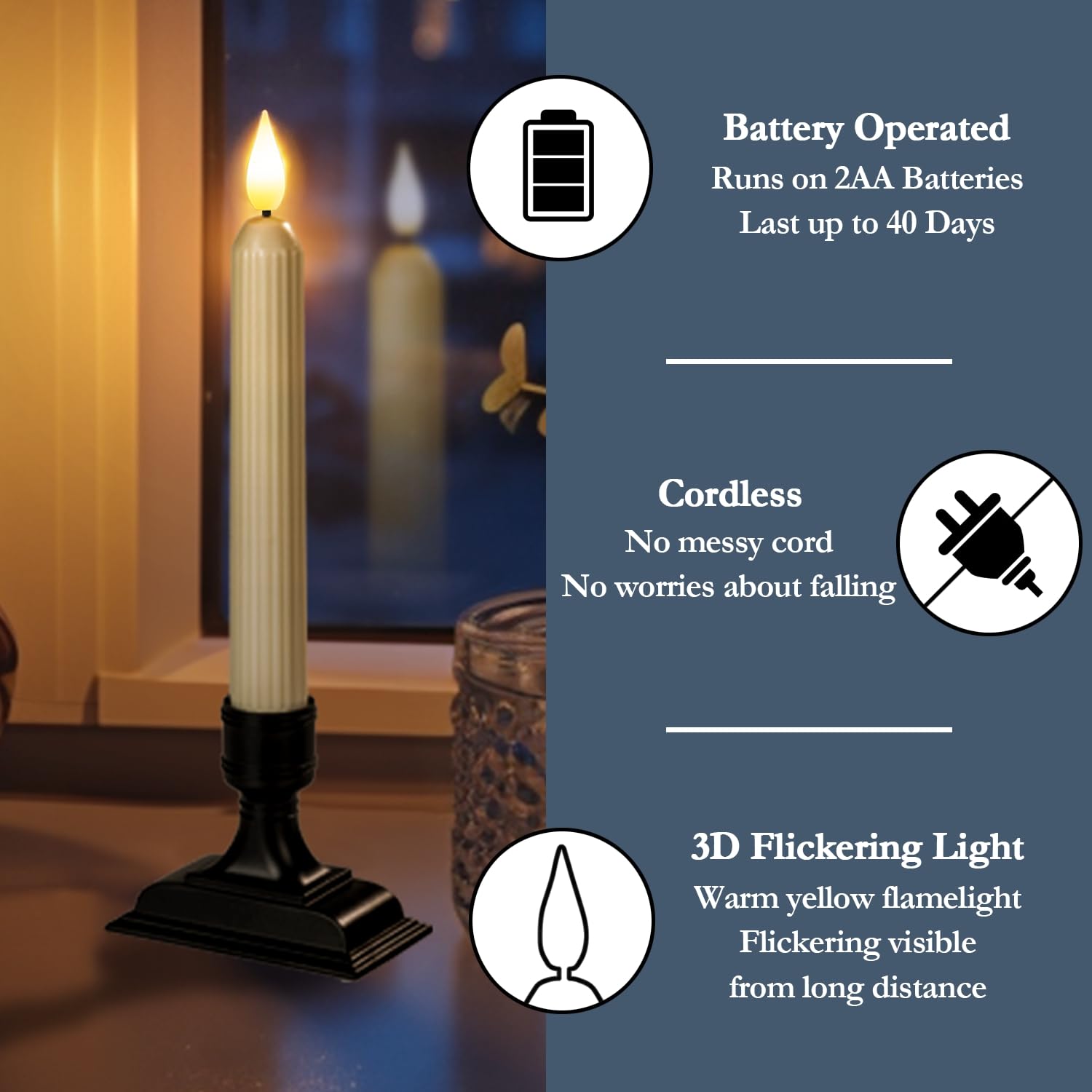 6 Pcs Window Candles with Sensors - Dusk To Dawn Flameless Led Taper Candles,  with Suction Cups, Warm or White Flame