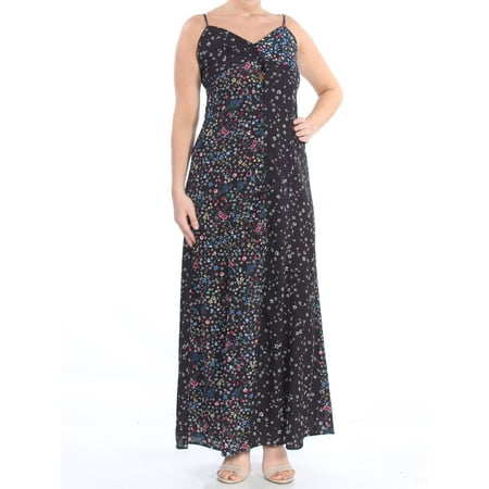 French Connection Button (FRENCH CONNECTION Womens Black Floral Button Front Spaghetti Strap V Neck Full-Length Shift Dress Size:)
