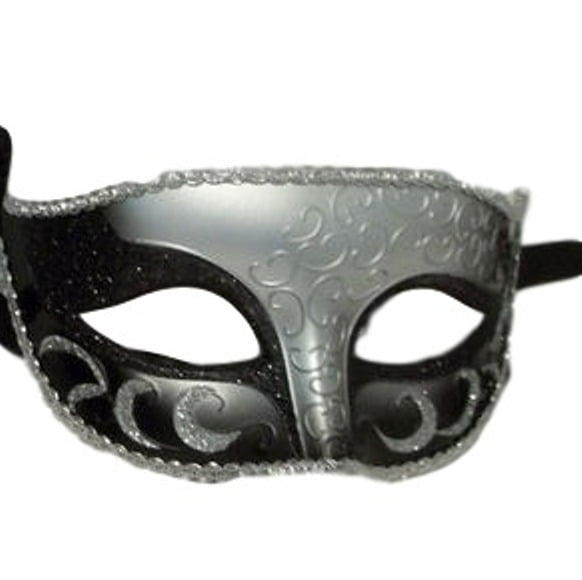 Elegant Silver Color Masquerade Mask Clear Rhinestones Black Ribbon Venetian 