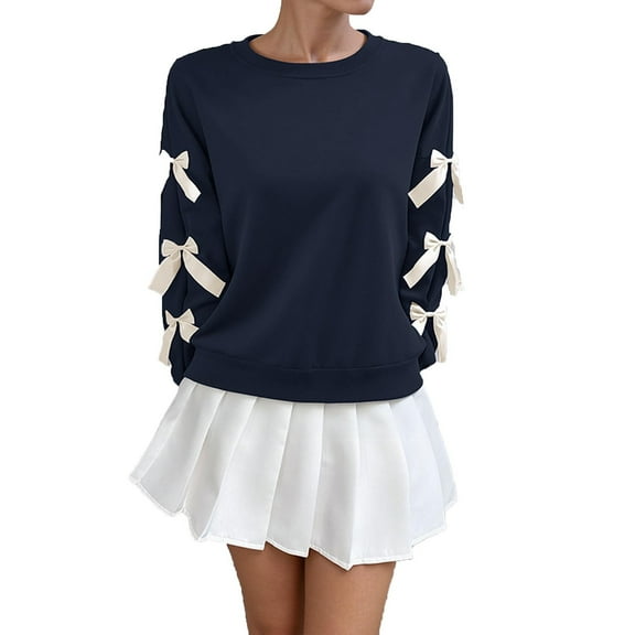 MELDVDIB Womens Sweatshirt Fall Winter Christmas Bow-Decorated Solid Color Oversized Pullover Tops Long Sleeve Fashion Casual Loose Outfits