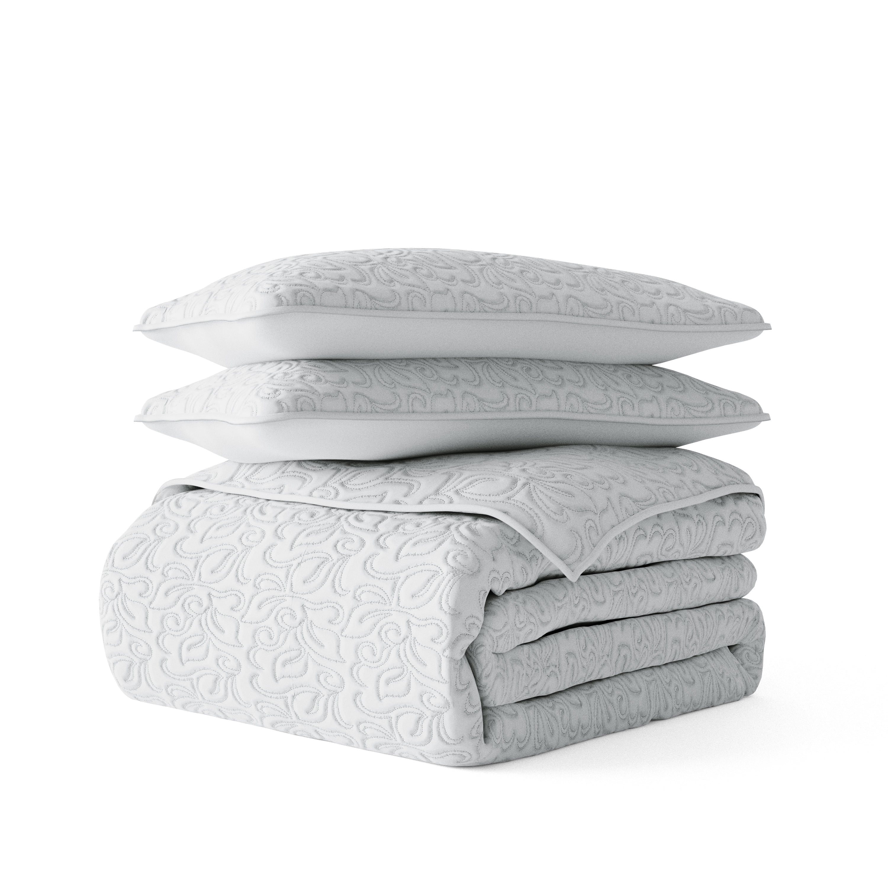Noble Linens 3 Piece Light Gray Floral Stitch Quilt Set, Twin / Twin XL