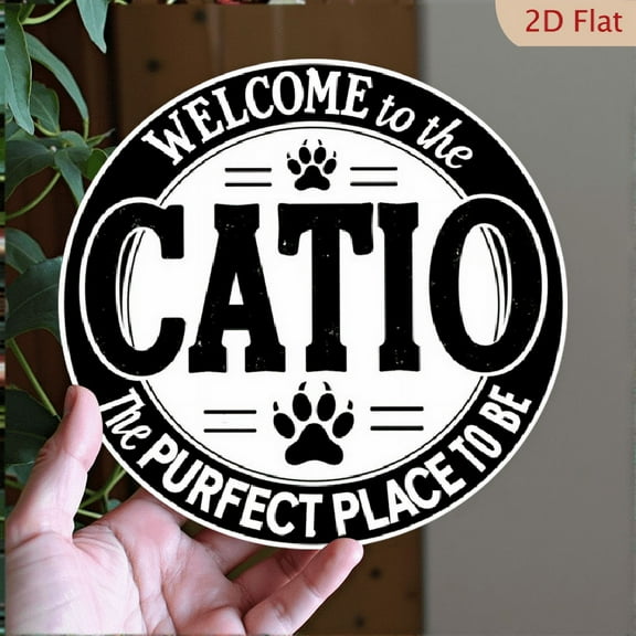 1-Pack Vintage Aluminum _Welcome to the CATIO_ Wall Sign - Circular Rustic Decor with Distressed Lettering Paw Prints, Black White Cat-Themed Hanging Plaque for Garden, Patio, Bedroom, Cafe 8*8inch