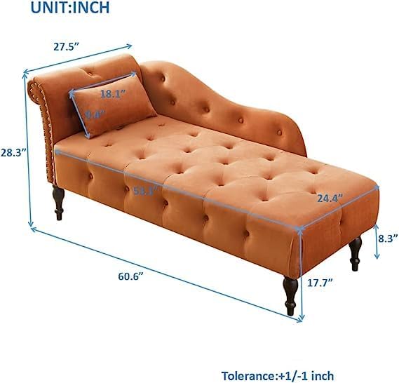 Miniyam Velvet Chaise Lounge, Tufted Accent Chaise Chair with Pillow for Living Room Bedroom, Orange