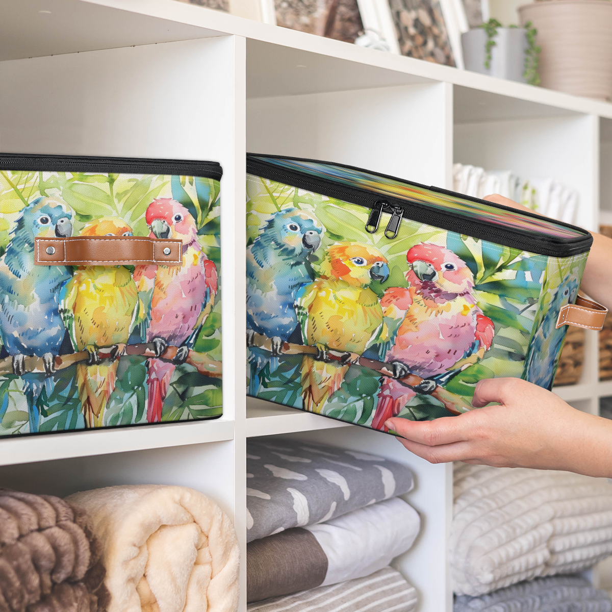 CURLYOOT Bird Fabric Storage Bins with Lids, Colorful Tropical Bird Parrot Foldable Storage Boxes Washable Storage Cube, Closet Bedroom Home Organizer Containers with PU Leather Handles