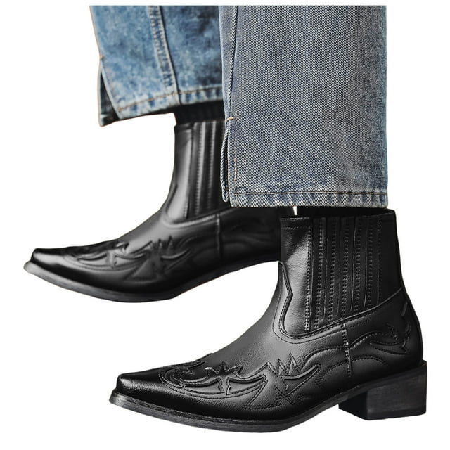 Leozcaa Cowboy Boots for Men Square Toe Ankle Boots Western Chelsea Boot Casual Dress Slip On Short Booties