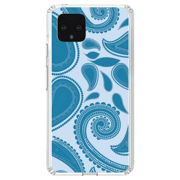 DistinctInk Clear Shockproof Hybrid Case for Google Pixel 4 (5.7" Screen) - TPU Bumper, Acrylic Back, Tempered Glass Screen Protector - Big Blue Paisley