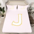thumbnail image 2 of Feelyou Pink Monogrammed J Queen Sheet Sets for Kids, Fashion Stripes Lines Flat Sheet, Gold Sequin Print Queen Fitted Sheet, Ultra Soft Bedroom Decor, 4 Pieces, 2 of 7