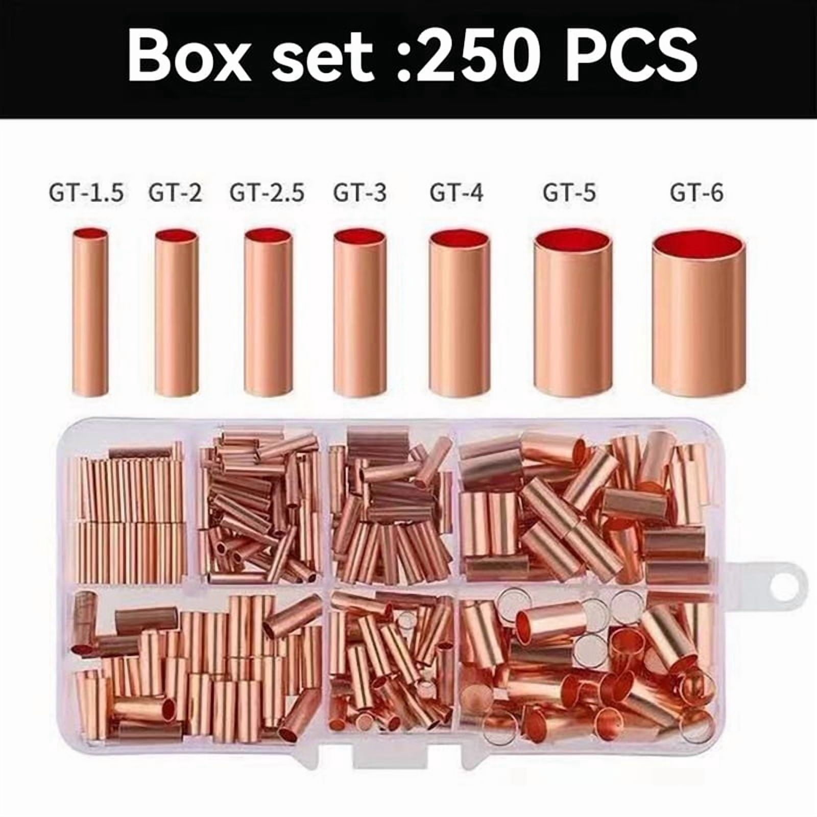 250pcs GT Copper Connecting Pipe Wire Joint Small Copper Tube Terminal Cable Lug Bootlace Ferrule Kit W/Crimping Pliers