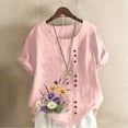 thumbnail image 2 of Pisexur Hauts en Coton et Lin Grande Taille pour Femmes, Décontractés, Été, Boho, Mode, Coupe Ample, Col Rond, Manches Courtes, T-Shirts Floraux pour Femmes P-5TG Rose, 2 of 4