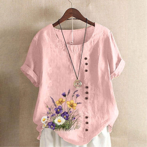 TaTaai Casual Printed Button Blouse, Women's Short Sleeve Linen Feel T-Shirt, Comfortable Top for All Seasons Gift
