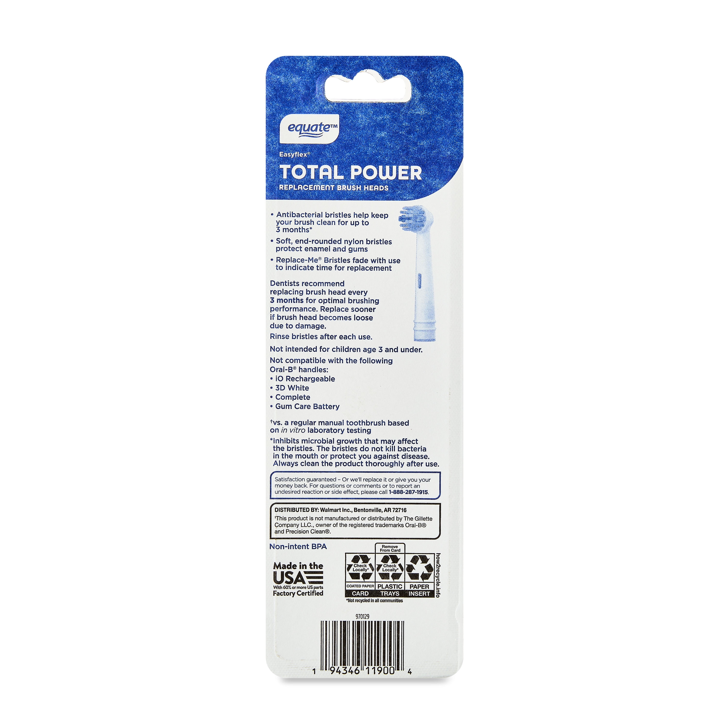 Equate Easy Flex Total Power Electric Toothbrush Replacement Heads, 8 Count